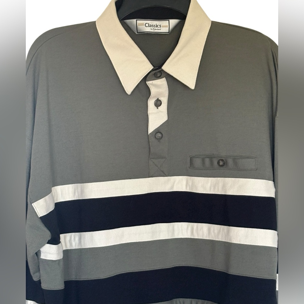 Classic Men's Striped Polo Shirt - Green, Black, and White - Picture 2 of 5